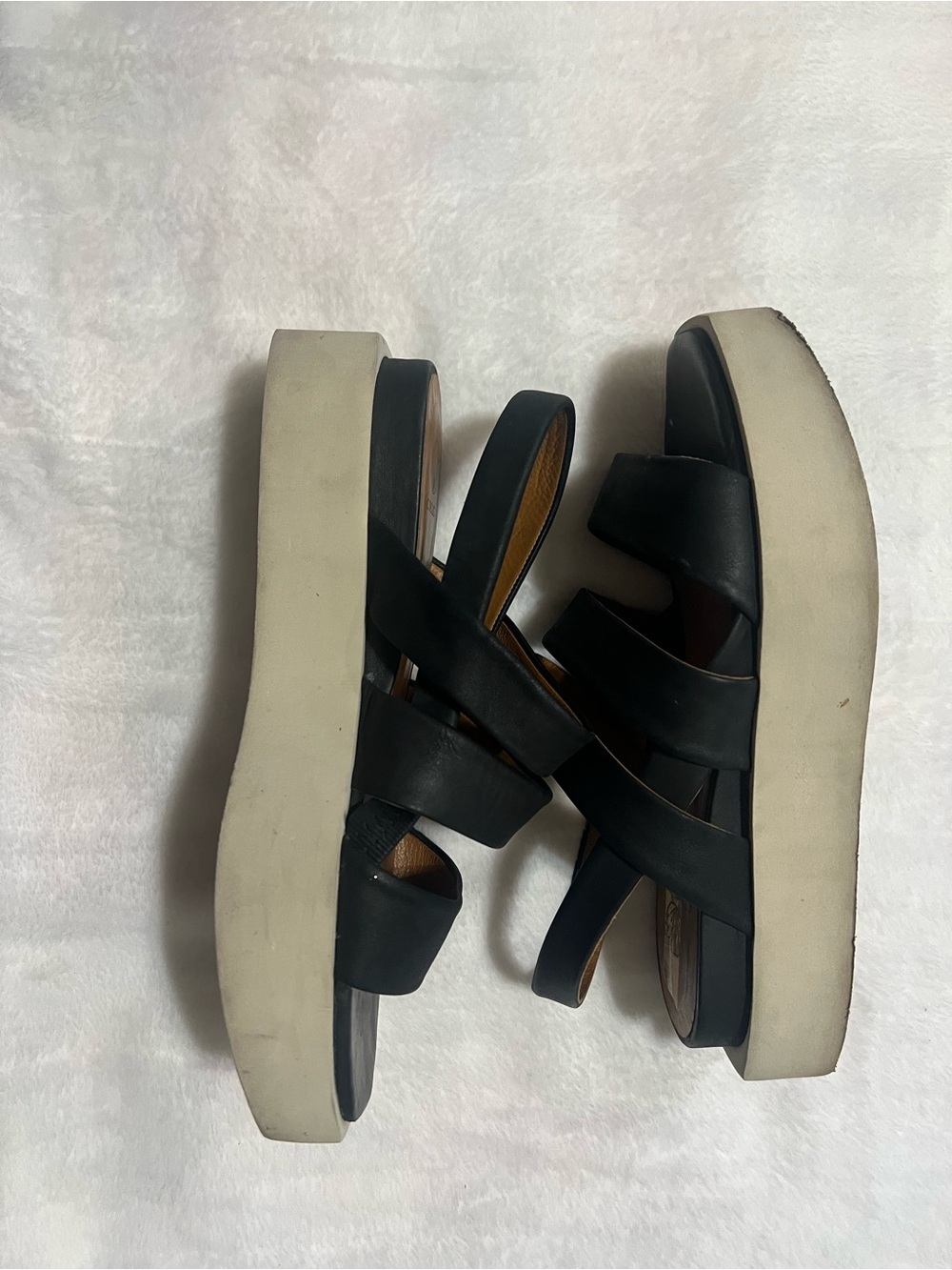 COCLICO Black Leather Crisscross Platform Sandals with White Platform